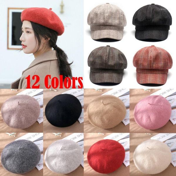 

lady spring winter berets hat painter style women wool vintage solid color hood female warm cap for walking, Blue;gray
