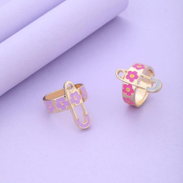 

wedding rings sweet enamel metal paperclip u-shape gold circle round ring daisy flower pattern dripping oil finger women's korean jewel, Slivery;golden