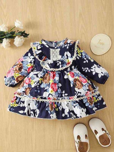 Bebê floral impressão plissada guarnição guipure laço inserir vestido ela