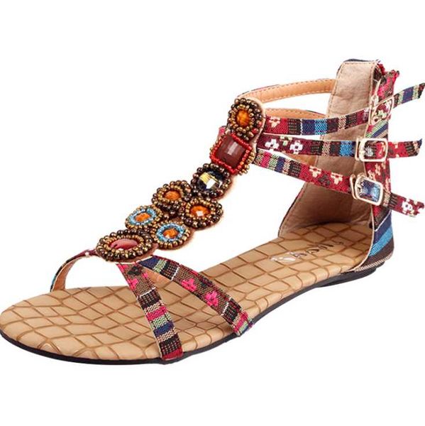 

sandals womens boho ethnic beach open toe flat heel multi-buckle roman shoes, Black