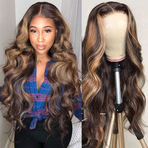 

hair bulks raw highlight lace front human honey blonde body wave ombre brown pre plucked 13x1 part for women, Black