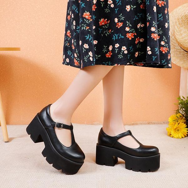 

spring women single shoes round toe buckle female pumps platform gothic style high heel lady plus size 35-43 dress, Black