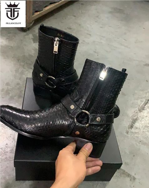 

western style men boa leather booties chunky heel real skin boots black old fashion ankle shoes men's party vintage botas slip on