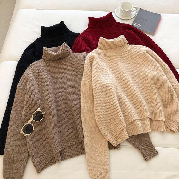 

women's sweaters vintage turtleneck simple solid loose women tide all match long sleeve bottoming pullover casual knitted sweater, White;black