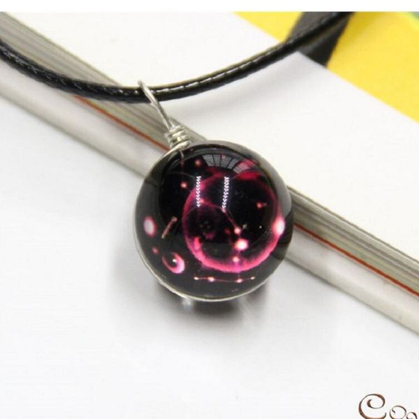 

12 constellations leather necklace for men women retro zodiac sign gem glass ball pendants necklaces fashion jewelry, Silver