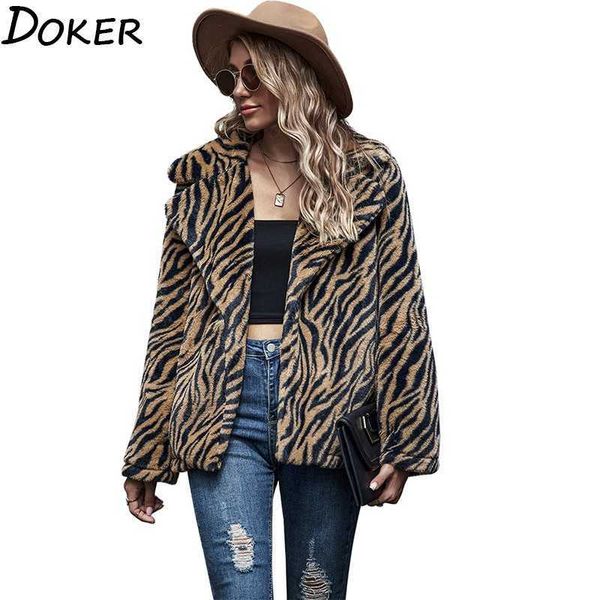 

tiger pattern faux leather coat women autumn winter long sleeve fashion warm loose jacket female plus size casual fake fur 210603, Black