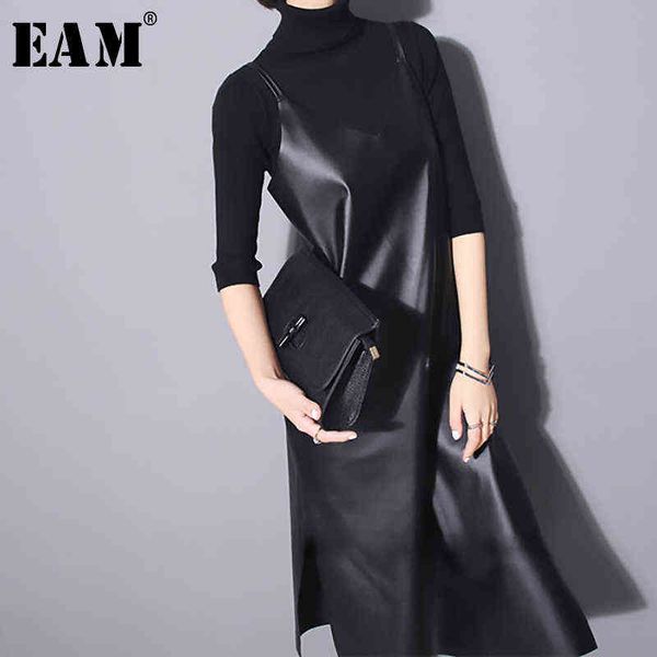

[eam] women black pu leather long hem slit dress new v-neck sleeveless loose fit fashion tide spring autumn 2022 jo28701 g1214, Black;gray