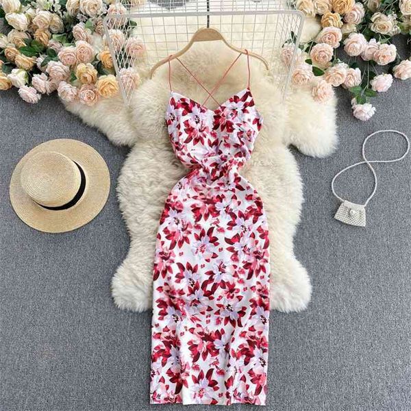 

women dress summer spaghetti strap crisss-cross backless floral print sleeveless v-neck split vacation beach 210603, Black;gray