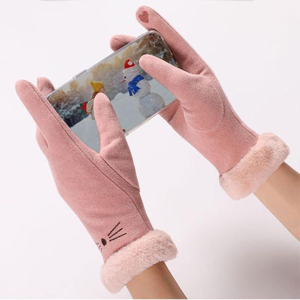 

five fingers gloves sparsil full finger touch screen for women winter warm fleece wool velvet suede mittens outdoor sport fauxfur hand warme, Blue;gray