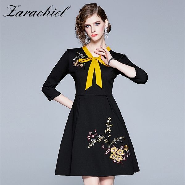 

autumn women sweet bow collar floral embroidery dress three quarter sleeve high waist ladies black casual mini dresses 210416, Black;gray