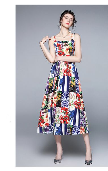 

2021 spaghetti strap sling print dress fashion commuter slimming street style dresses approved summer women's clothing for office worke, Black;pink