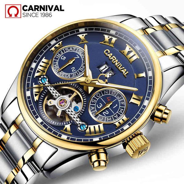 

brand luxury carnival tournament clock men stainless steel automatic mechanical lighting relogio masculino, Slivery;brown