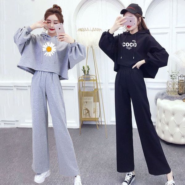 

women's suits & blazers autumn fashion hooded suit women korean style long sleeved sweater loose wide leg trousers casual two piec, White;black