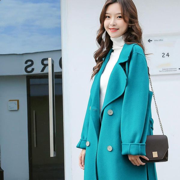 

women's wool & blends han edition double-sided cashmere coat high-end young model in 2021, the long over-the-knee female blue cloth, Black