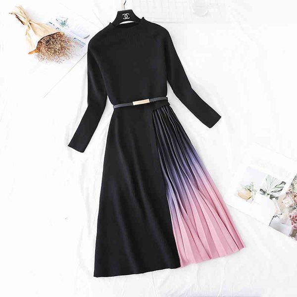 

casual dresses autumn women knitted fashion stitching pleated gradients sashes swing es ladies full sleeve a-line slim ekh4, Black;gray