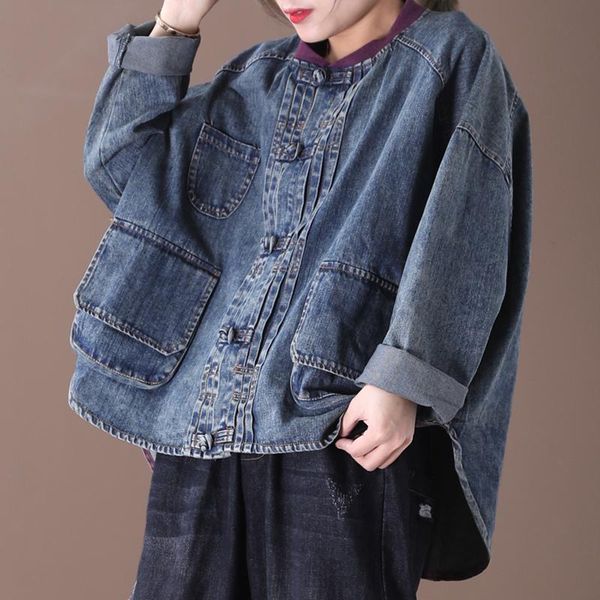 

women's jackets 2021 female spring korean style plus size outerwear literary vintage distressed round button loose denim jacket, Black;brown