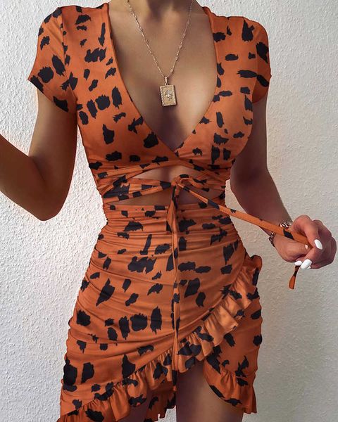 

women summer fashion mini bodycom party dress lace-up v-neck leopard irregular hem cutout ruffles ruched 210716, Black;gray