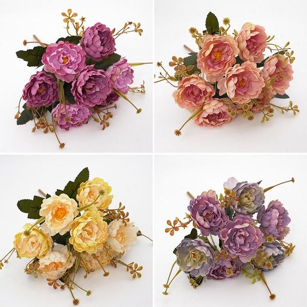 Flores decorativas grinaldas simulação de flor de seda de 7 cabeças rosa casamento casa decoração diy