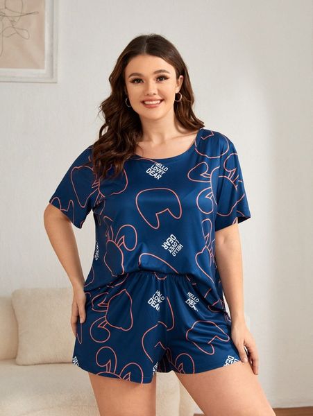 

plus cartoon and letter graphic tee & shorts pj set b5jp#, Black;white