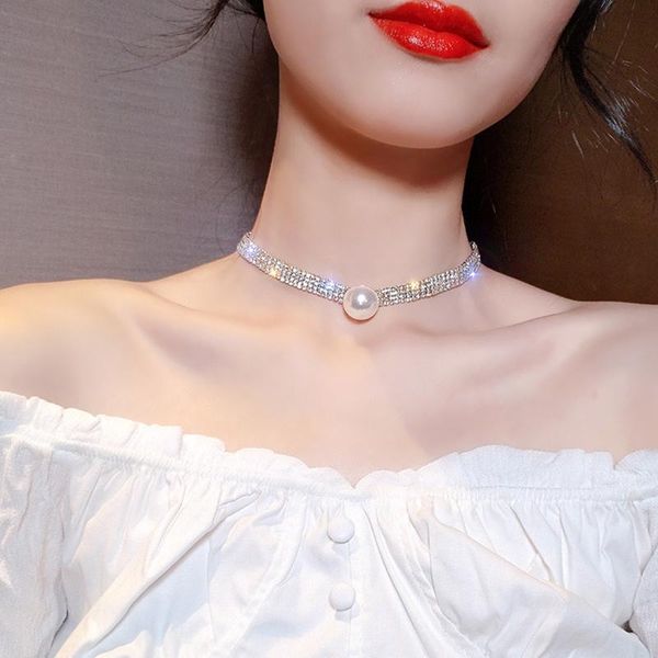

blijery elegant rhinestone pearl clavicle chain choker necklaces for women temperament crystal collar necklace prom jewelry gift chokers, Golden;silver