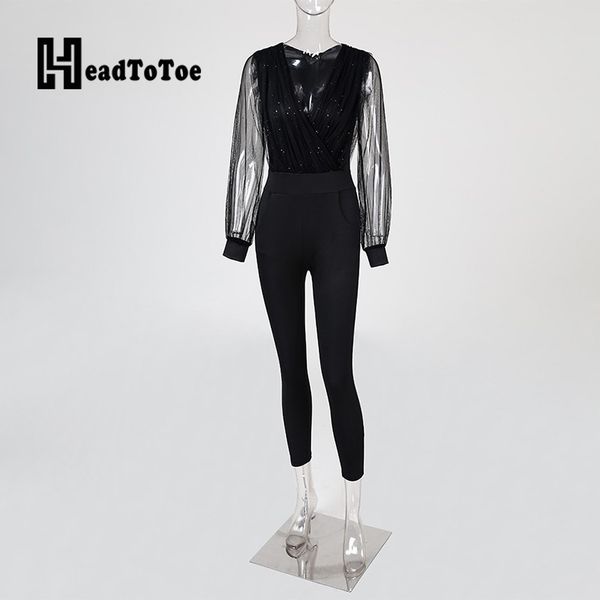 

sheer mesh glitter ruched wrap jumpsuit women ropmers long sleeve v neck skinny fit one piece overalls jumpsuit, Black;white