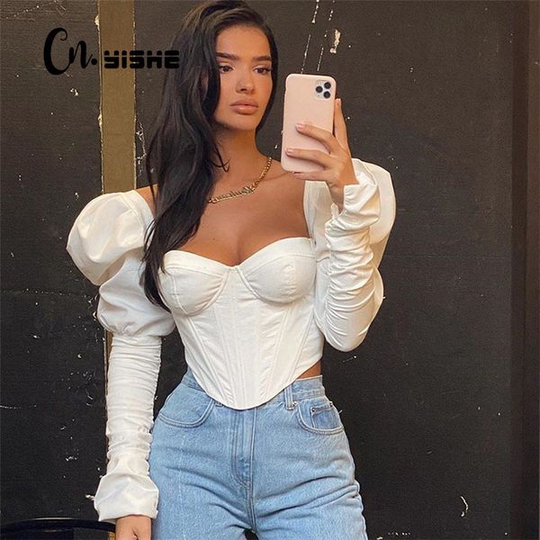 

cnyishe elegant solid puff sleeve slim t-shirt women tee autumn fashion backless skinny crop female shirts blusas 210419, White