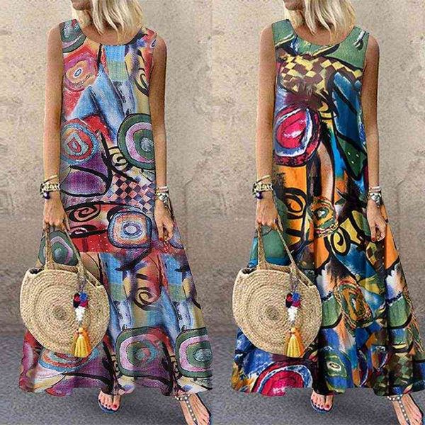 

zanzea summer printed maxi dress womens sundress vintage o neck sleeveless tunic vestidos plus size casual robe femme 5xl, White