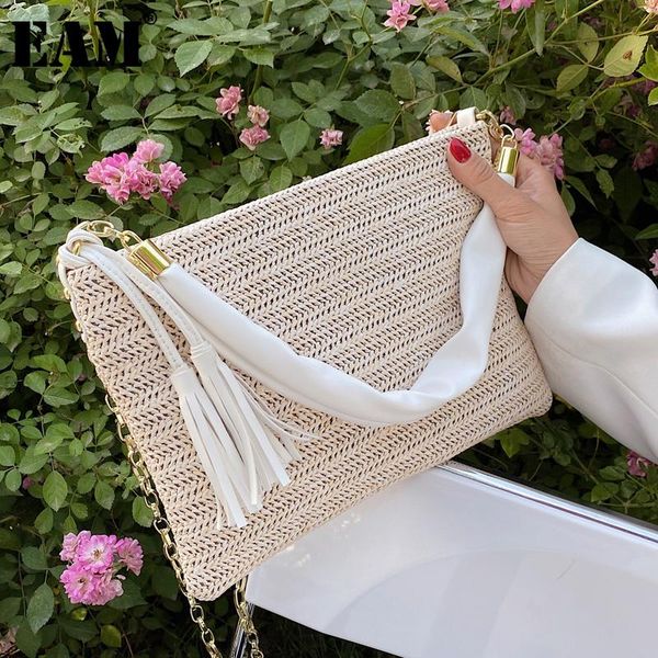 

evening bags [eam] women brand khaki elegant tassel straw weave personality all-match crossbody shoulder bag fashion tide 2021 18a3500