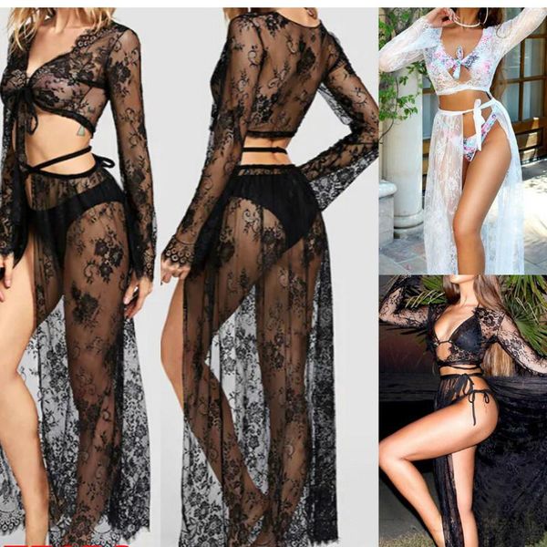 

womens fashion v neck bikini cover up swimwear sheer beach maxi wrap sarong pareo solid color women's, White;black