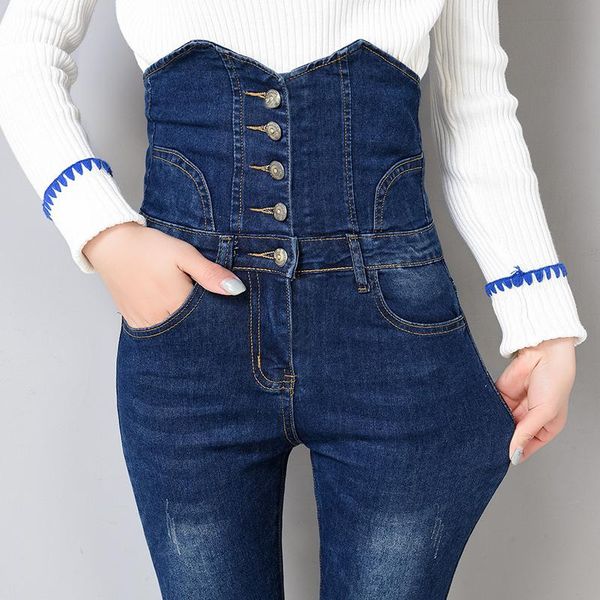 

women's jeans waist super high slim for women vintage ladies plus size four-breasted skinny female elastic denim pants, Blue