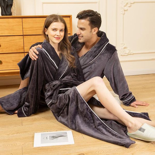 

men's sleepwear winter warm male nightgown casual flannel kimono bathrobe gown soft nightdress couple nightwear lounge wear homewear, Black;brown