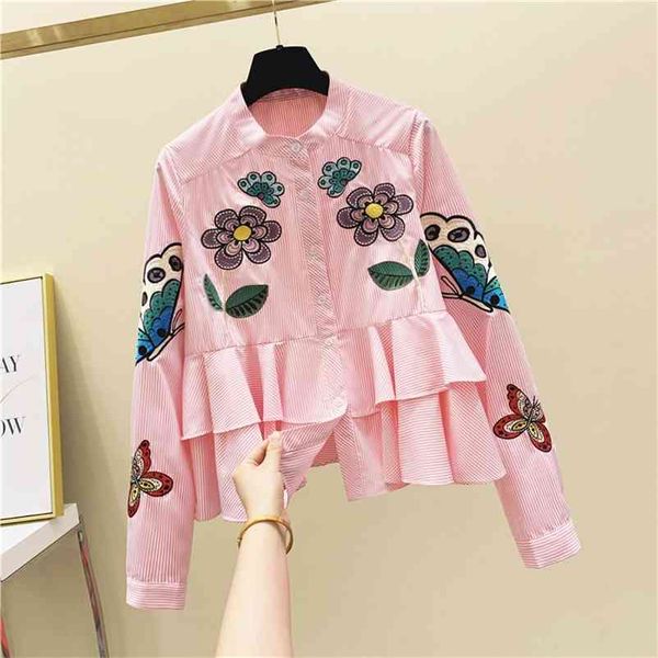 

luxury design autumn shirts women's long sleeves embroidery floral ruffles shirt ladies female blouse a3774 210519, White