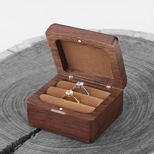 

gift wrap walnut wood ring box for two engagement rings jewelry anniversary black timber with soft lining custom logo