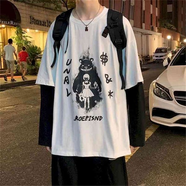 

fake two-piece t-shirt male long-sleeved tide brand autumn winter loose ins hong kong style student clothes korean couple 210409, White;black