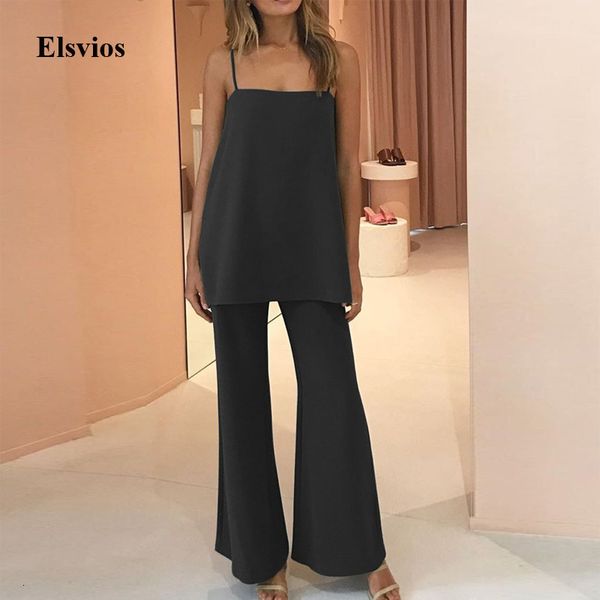

women's tracksuits summer casual solid loose women two piece set off shoulder sling suits fashion office lady long +flare, Gray