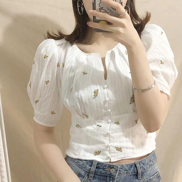 

women's blouses & shirts korea vintage women white print blouse front buttons puff sleeve short design female high waist shirt