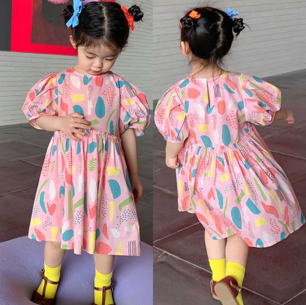 

girl sweet dress puff sleeve fashion toddler girl dress flower carino vestito dresses baby girl summer clothing 2-7years 210715, Red;yellow