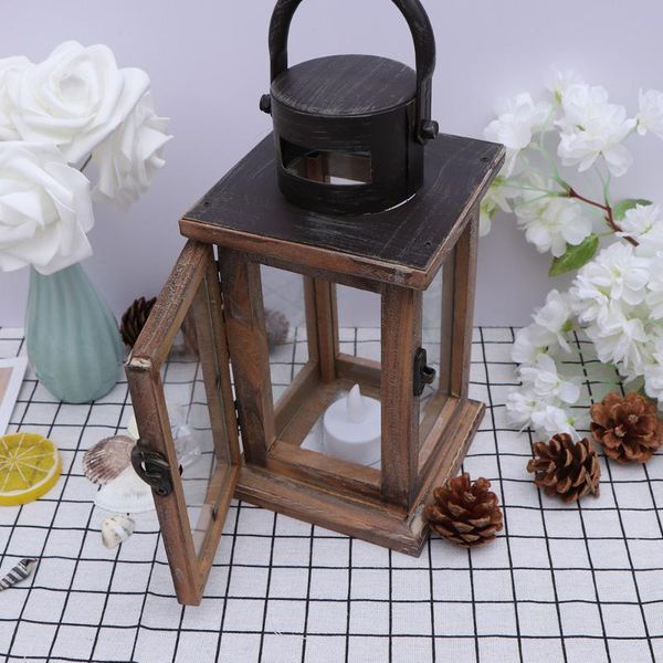 

candle holders vintage holder retro elegant iron art wooden candlestick lantern home decoration (with 1 electronic candle)