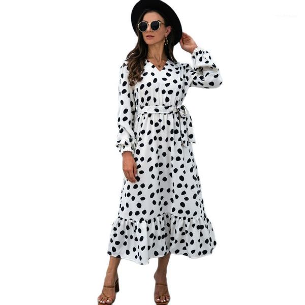 

casual dresses elegant polka dot print long women autumn sleeve split high waist lace up maxi dress fashion party, Black;gray