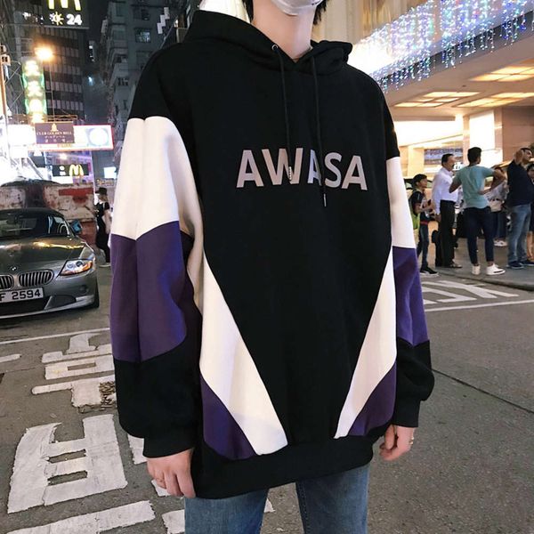 

autumn and winter men's luminous letters color matching trend hooded casual sweater coat wear, Black;brown
