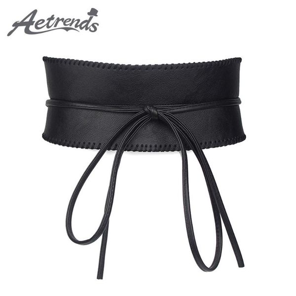 

belts [aetrends] women soft leather self tie wrap cinch belt obi style wide waist band d-0112, Black;brown