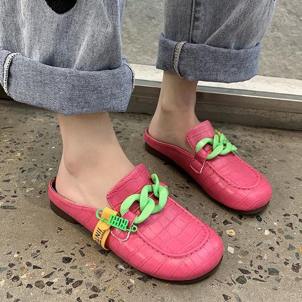 

slippers women's summer style solid color baotou flat bottom chain casual shoes comfortable and light outdoor, Black