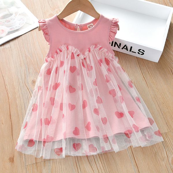 Girls Rosa Dress Summer Girl Baby Love Stitching Mesh Princess per bambini Sleeveless Party 210515
