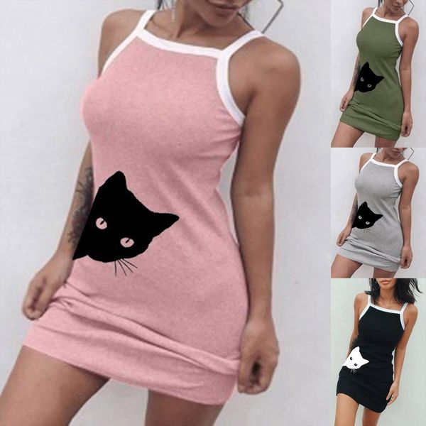

cartoon cat pattern suspenders women dresses tight mini casual home wear pajamas sleeveless nightdress nightgown kobieta sukienka, Black;gray