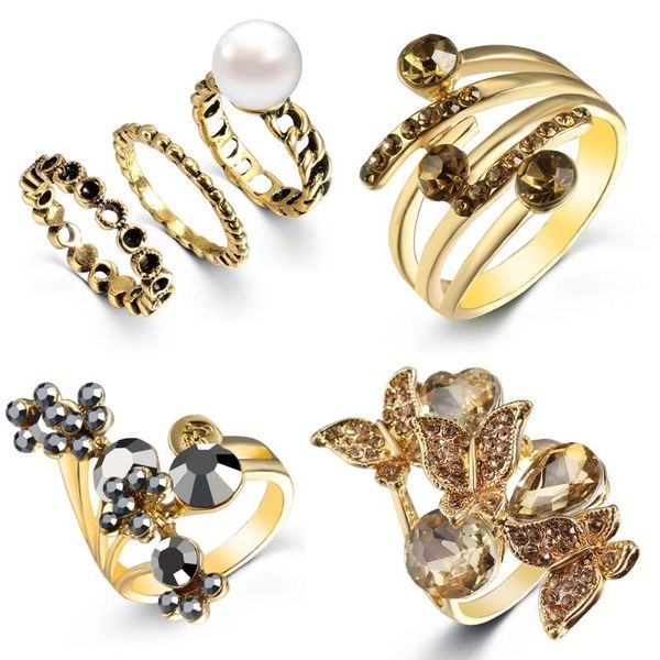 

cluster rings bijoux femme fashion carved inlaid zircon jewelry butterfly ring geometric art shape gold for women sakura crystals 2021, Golden;silver