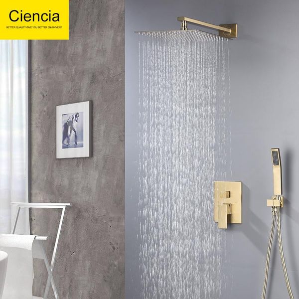 

brass shower combo set brushed gold 10" 12"rain showerhead with handheld bathroom trim kit rough-in valve sets