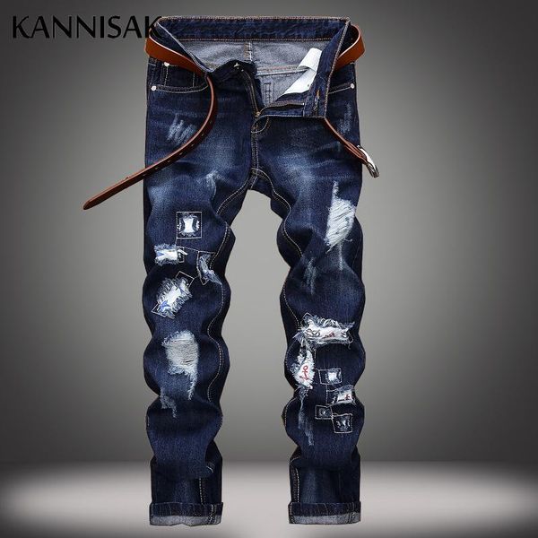 

men's jeans kannisak men 2021 ripped hole vintage appliques straight full length streetwears male denim washed distressed trousers, Blue