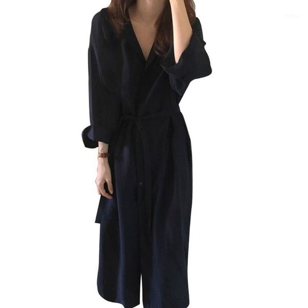 

casual blouse shirt windproof dress coat loose lapel lady long sleeve women's outerwear single breasted and removable belt wool & blend, Black