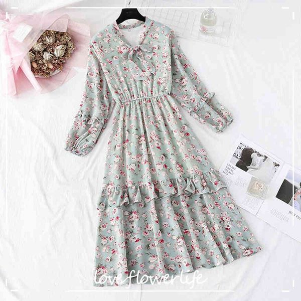 

chiffon women dress vintage lotus leaf flowers print party dress long sleeve vestidos elegant women spring summer dress 210521, Black;gray
