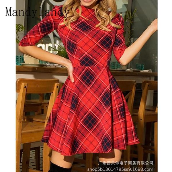 

party dresses mandylandy dress summer fashion o-neck high waist half sleeve women's casual slim fit plaid printed, White;black